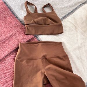 Cinnamon color Alo slit bra and high waisted yoga shorts